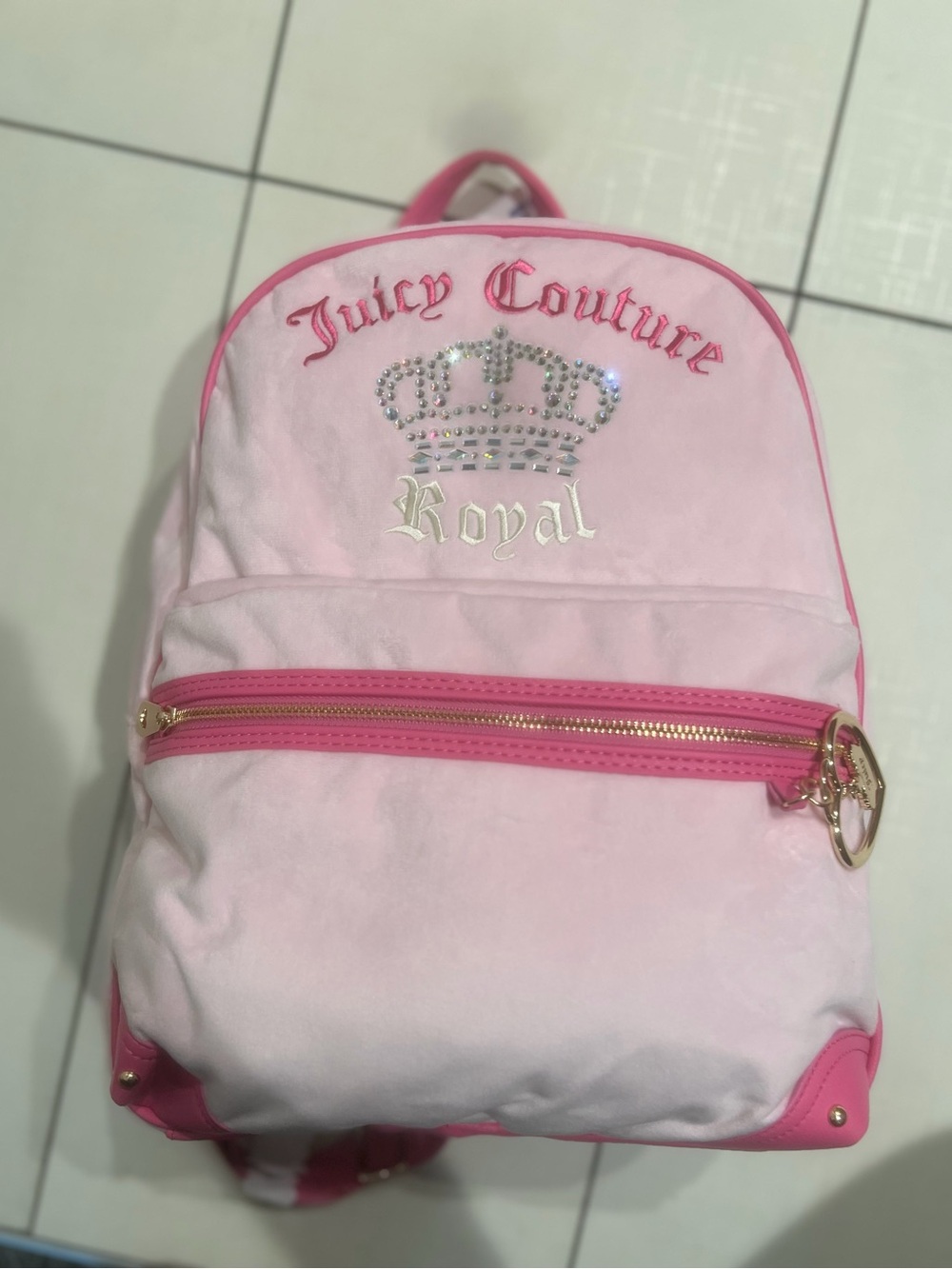 Juicy Couture Pink Velvet Kids Backpack with Crown Rhinestones